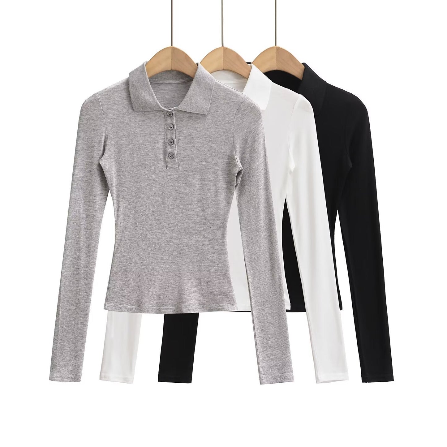 Kvinnors Långärmad Polo-Topp Elastisk med Knappdetaljer 2