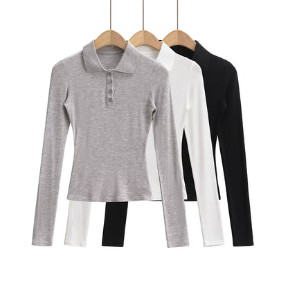 Kvinnors Långärmad Polo-Topp Elastisk med Knappdetaljer 2