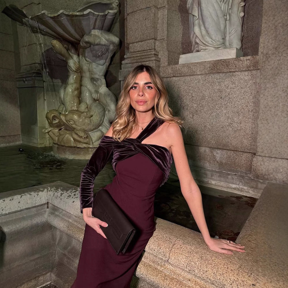 Kvinnors Aftonklänning Asymmetrisk Design Draperad Mjukt Tyg-6