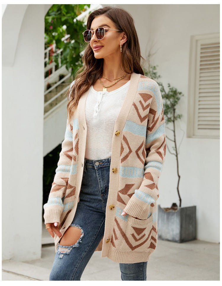 Dam Cardigan V-ringad Jacquard Akryl Löst Passform-4