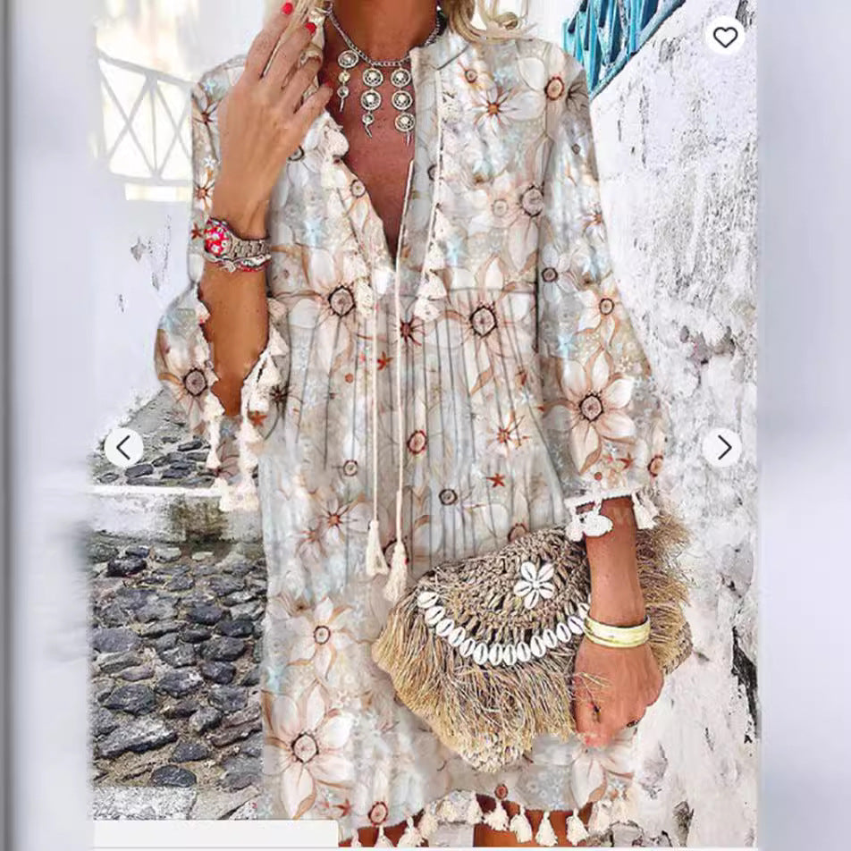 Kvinnors Midi Klänning V-ringning Fransar Fyra-vägs Stretchtyg-2