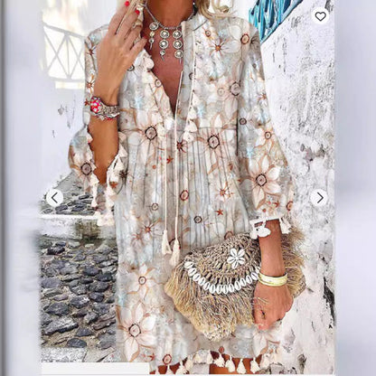 Kvinnors Midi Klänning V-ringning Fransar Fyra-vägs Stretchtyg-2