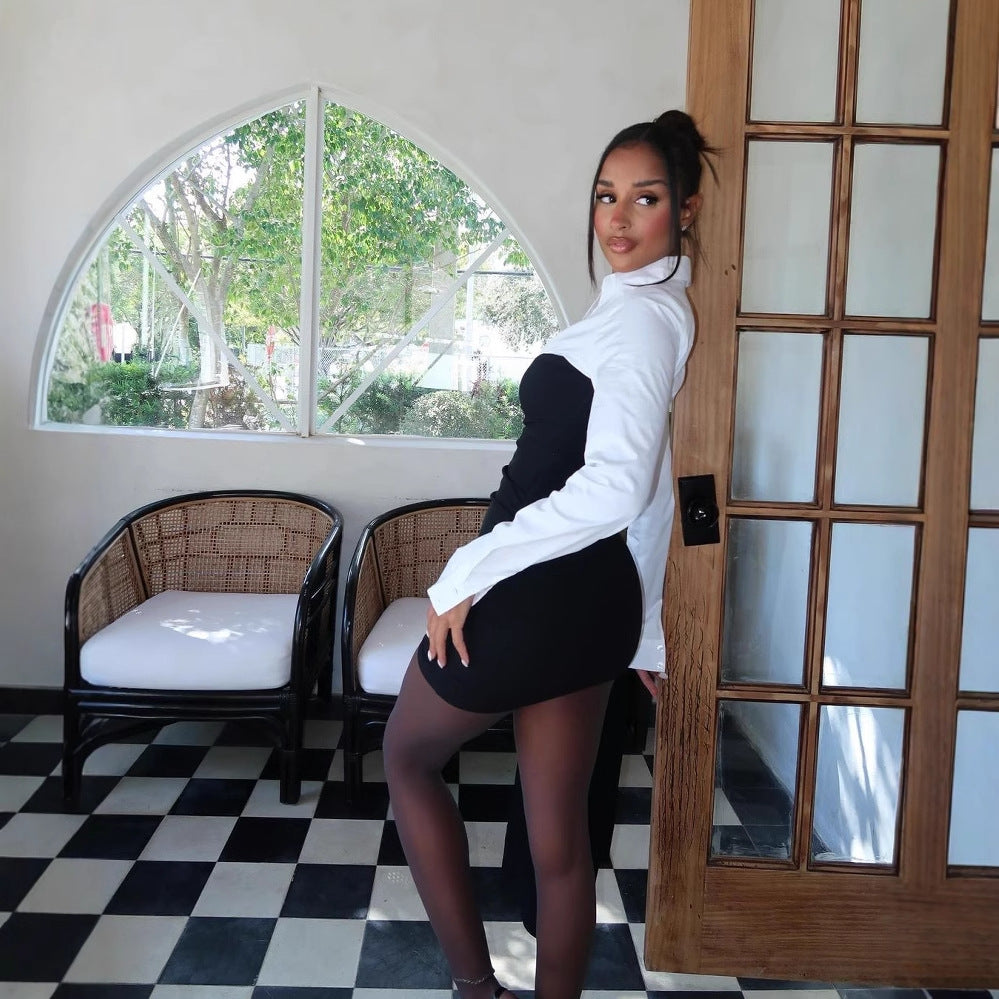 Damklänning med Vänd Krage Polyester Kort Kjol Långa Ärmar-5