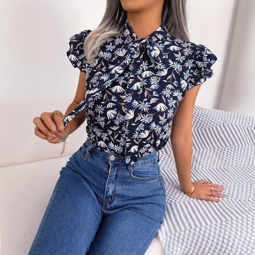 Dam Chiffon Skjorta Blommig V-Hals Ärmlös Polyester-5