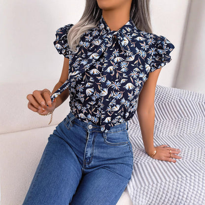 Dam Chiffon Skjorta Blommig V-Hals Ärmlös Polyester-5