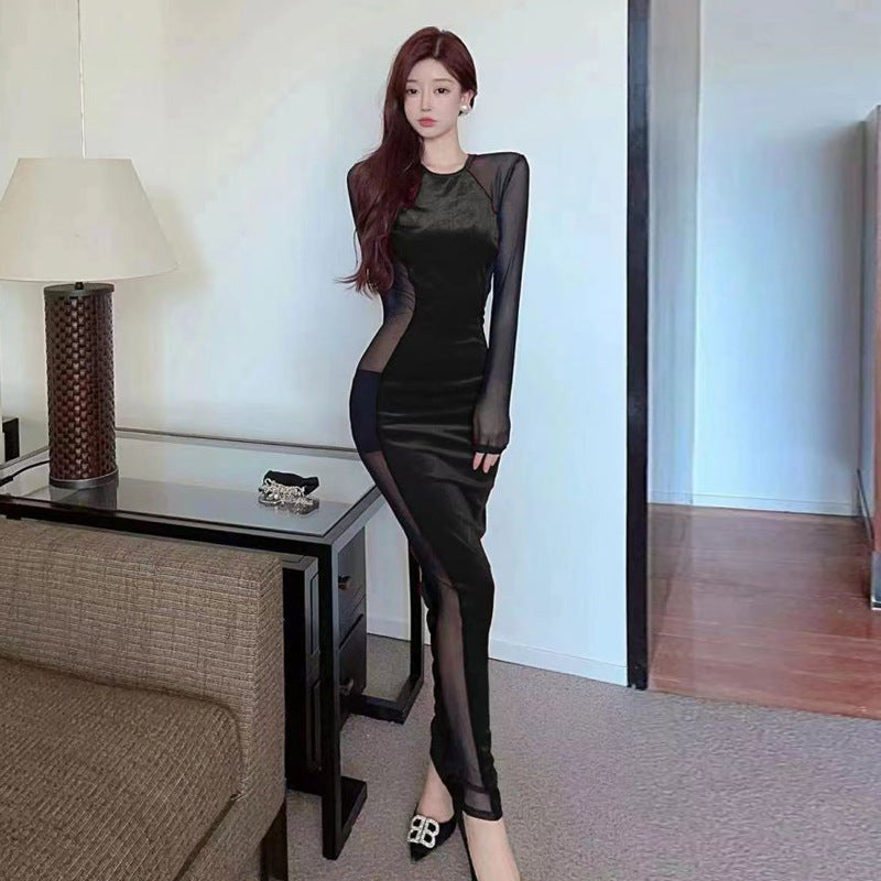 Dam Klänning Slim-Fit Mesh-Splicing Elegant Polyester Långärmad-2