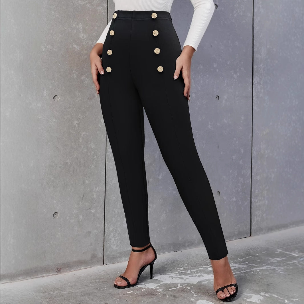 Hög Midja Byxor Dam Skräddarsydd Design Med Dekorativa Knappar 4