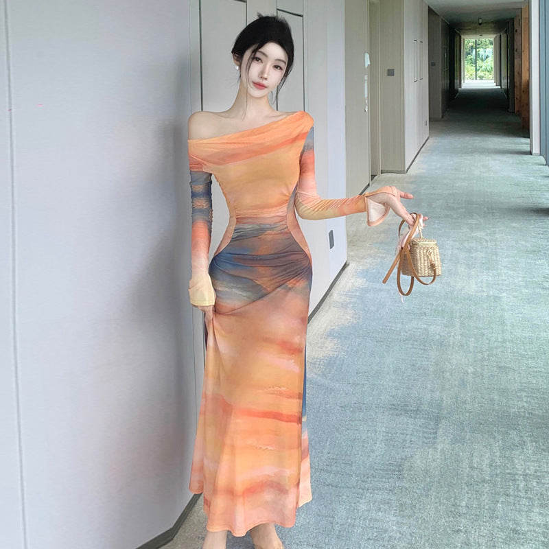 Damklänning Blommig Draperad Smal Snitt Polyester Lång Kjol-3