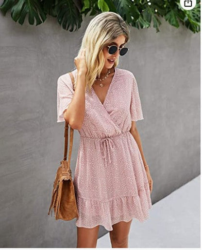 Dam Wrap Klänning Sommar Korta Ärmar Lätt Tyg 7