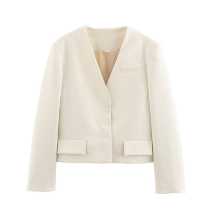 Dam Blazer V-ringning Skräddarsydd Polyester Elegant Stil-1