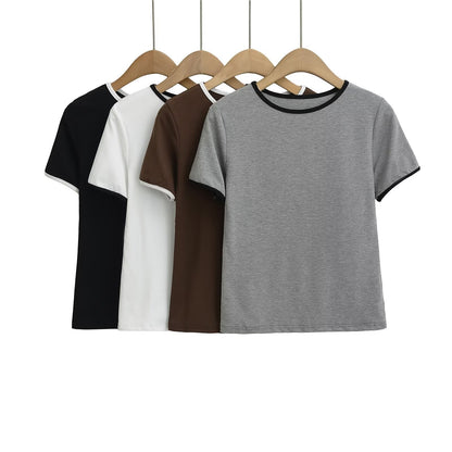 Dam T-Shirt med Kort Ärmar och Kontrastkrage i 100% Bomull – Trendig och Bekväm för Vardag och Fritid 2
