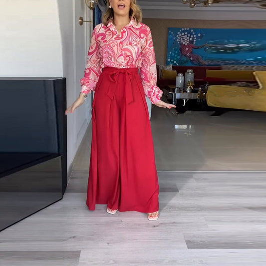Kläder Dam Set med Lång Skjorta och Hög Midja Byxor i Polyester för Sommar-1