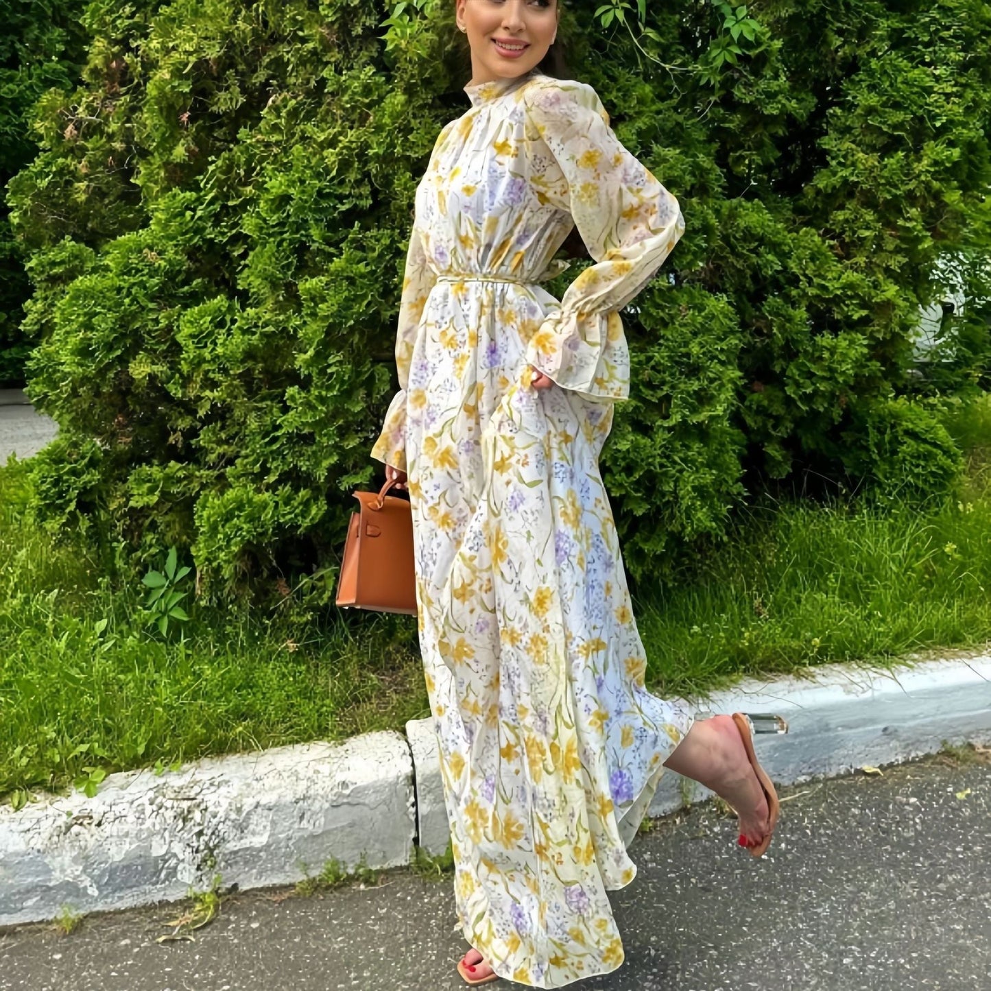 Kvinna Lång Klänning Blommönster Chiffong 2