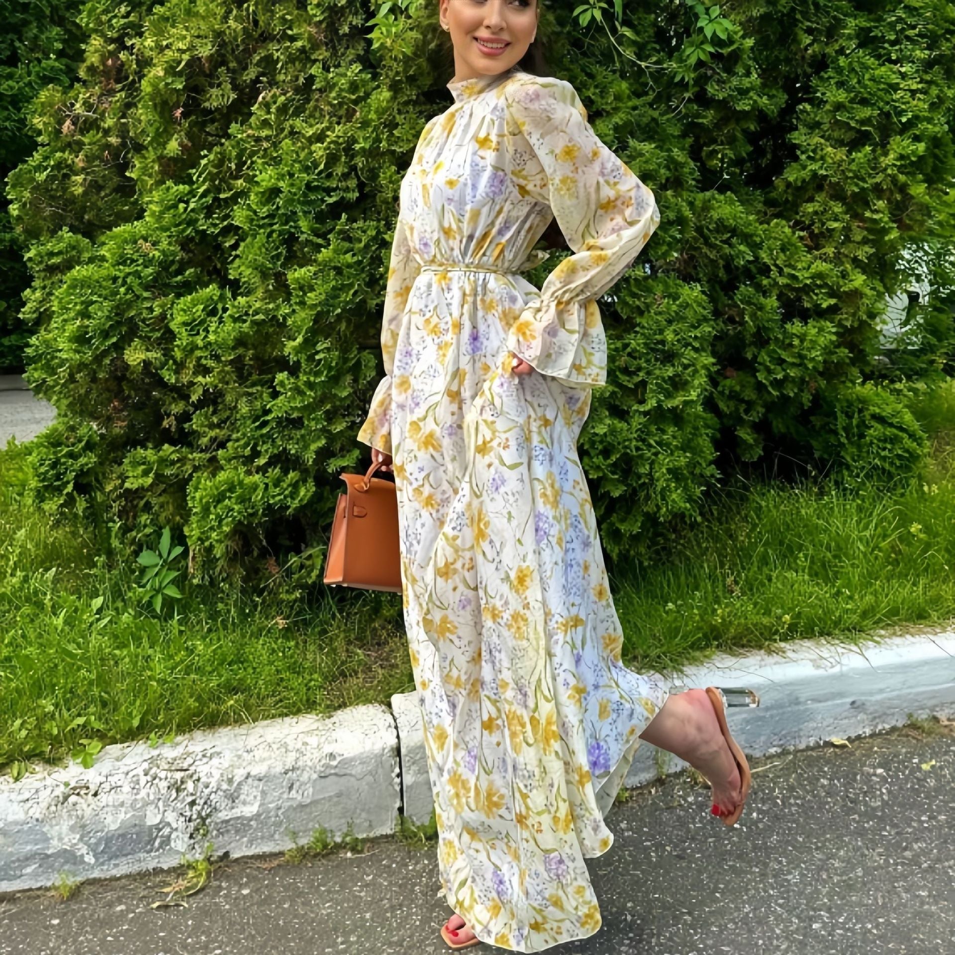 Kvinna Lång Klänning Blommönster Chiffong 2