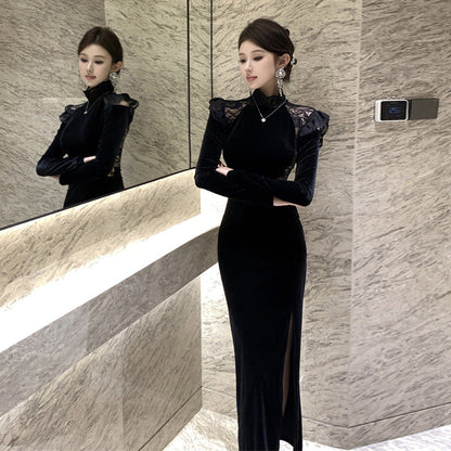 Maxiklänning Dam Halvhög Krage med Spalt i Polyester-1