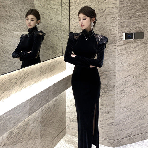 Maxiklänning Dam Halvhög Krage med Spalt i Polyester-1