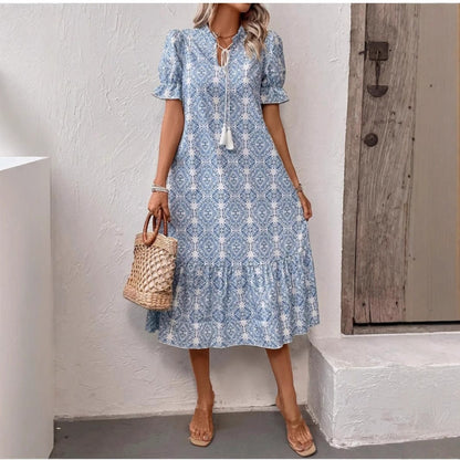 Kvinna A-Linje Klänning Rüschen V-Hals Polyester-2