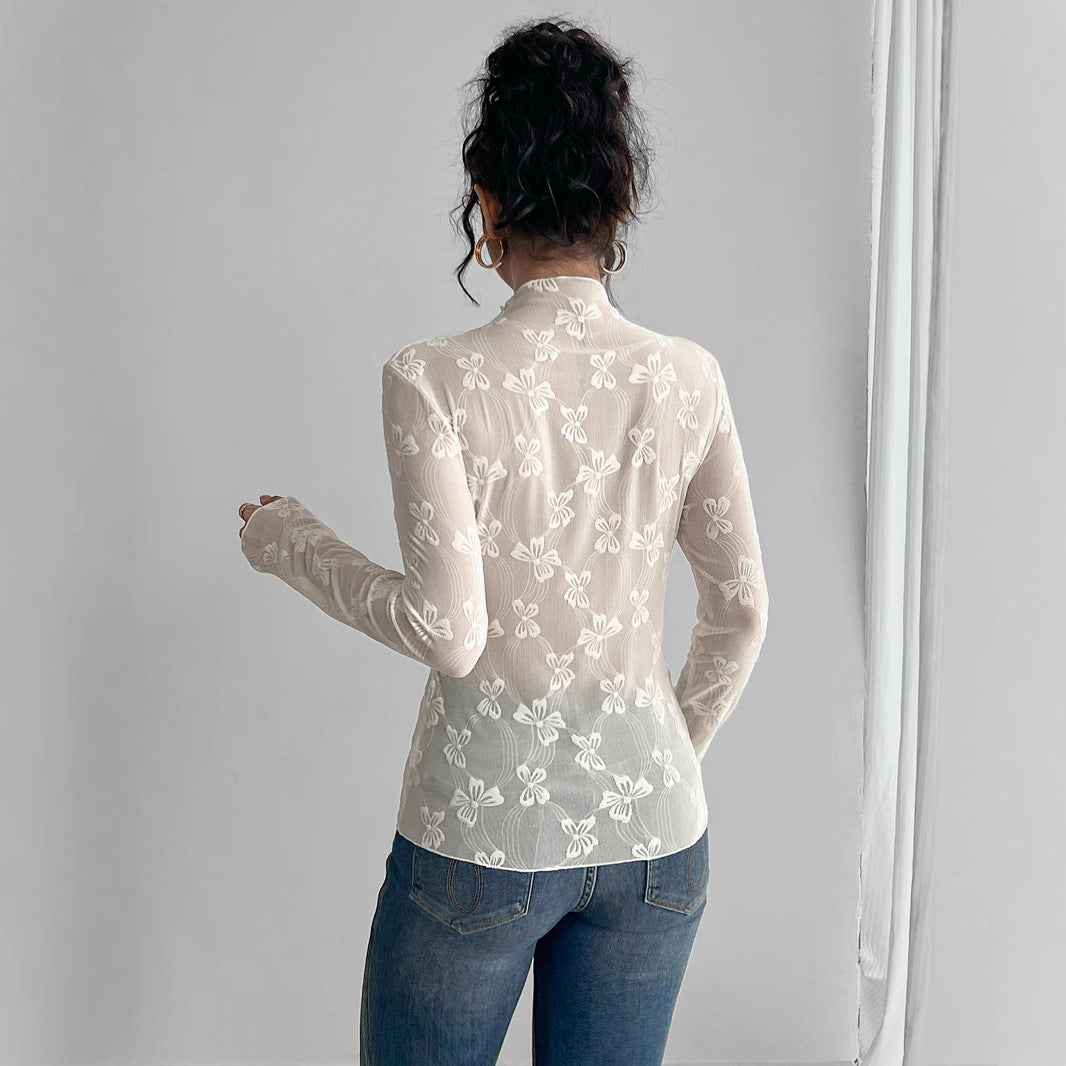 Dam Topp Slim Fit Jacquard Tyll med Liten Ståkrage-3