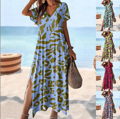 Kvinna A-Line Klänning Blommigt Polyester Midilängd Kort Ärmar-2