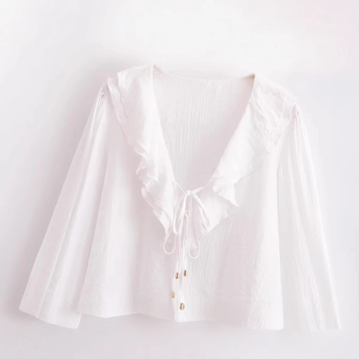 Voluminös Damblus med Ruffle-design och Justerbar Snörning i Andningsbart Tyg - V-ringad, S-XL 3