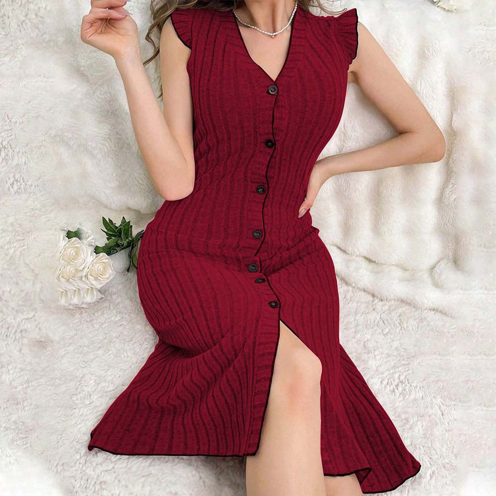 Dam V-ringad Ärmlös Midi Klänning Lätt Polyester För Sommarfest-2