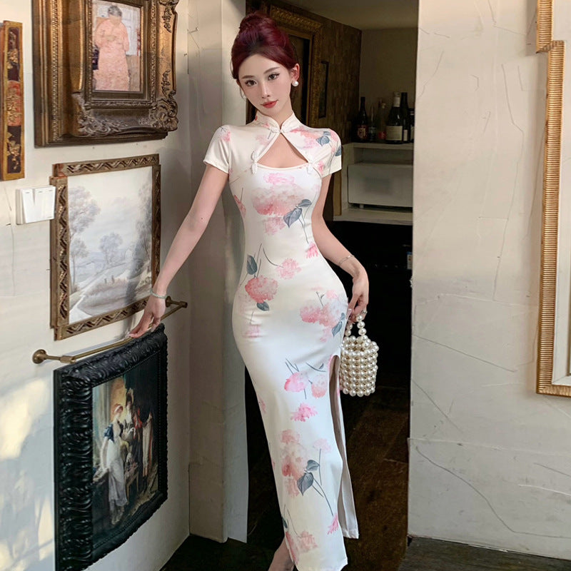 Kvinnors Retro Klänning Delad Design Stenlängd Högkvalitativt Tyg-3