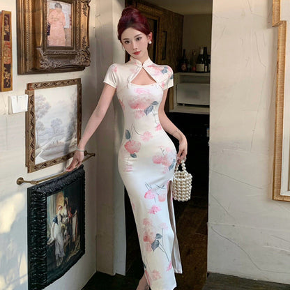 Kvinnors Retro Klänning Delad Design Stenlängd Högkvalitativt Tyg-3