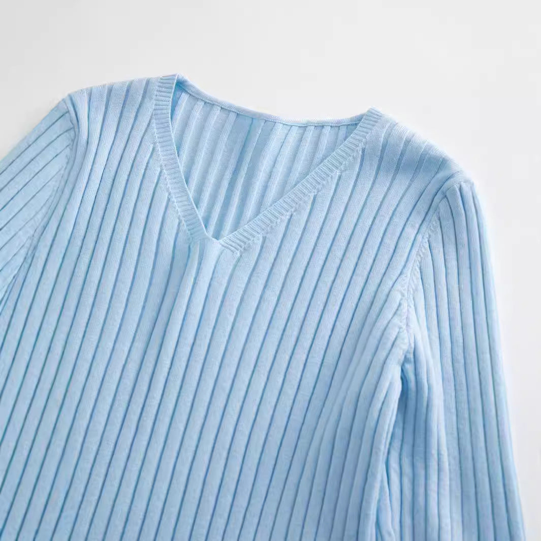Stickad Dam Tröja Slim Fit V-Ringning Akryl med Långa Ärmar-4