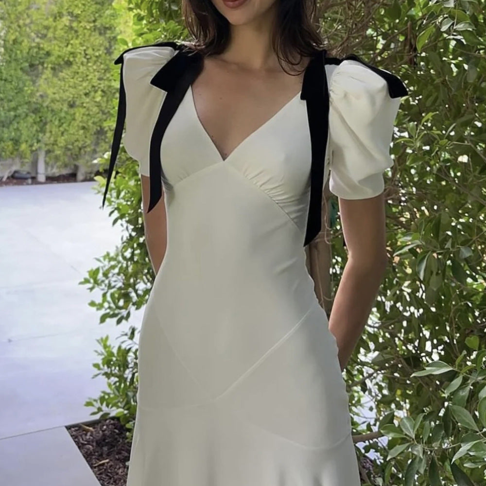 Dam Klänning V-ringad med Puffärmar i Polyester Fina Dam Klänningar 4