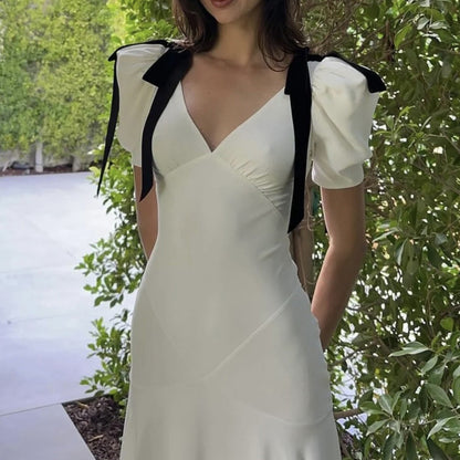 Dam Klänning V-ringad med Puffärmar i Polyester Fina Dam Klänningar 4