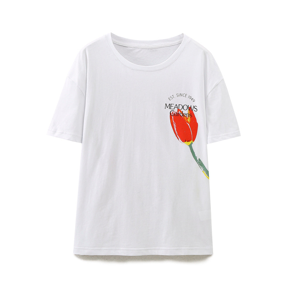 Dam T-Shirt med Blommigt Tryck, 100% Bomull, Avslappnad Passform, Perfekt för Vår- och Sommaroutfits 5