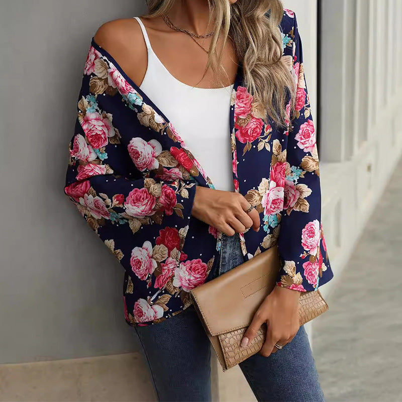 Blommönstrad Lång Kofta för Dam i Mjuk Polyester – Långärmad Cardigan för Vår och Höst 5
