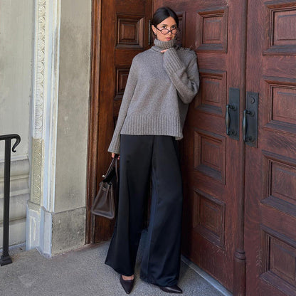 Dam Turtleneck Tröja Modern Ull med Knappar-2