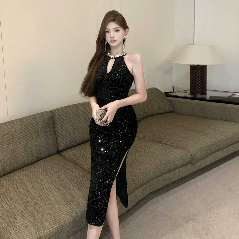 Damklänning Med Strass Detaljer Rund Halsringning Högkvalitativt Tyg-4
