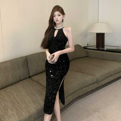 Damklänning Med Strass Detaljer Rund Halsringning Högkvalitativt Tyg-4