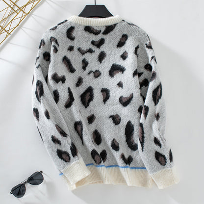 Dam Fleece Pullover Leopard Jacquard Mjuk Polyester-5