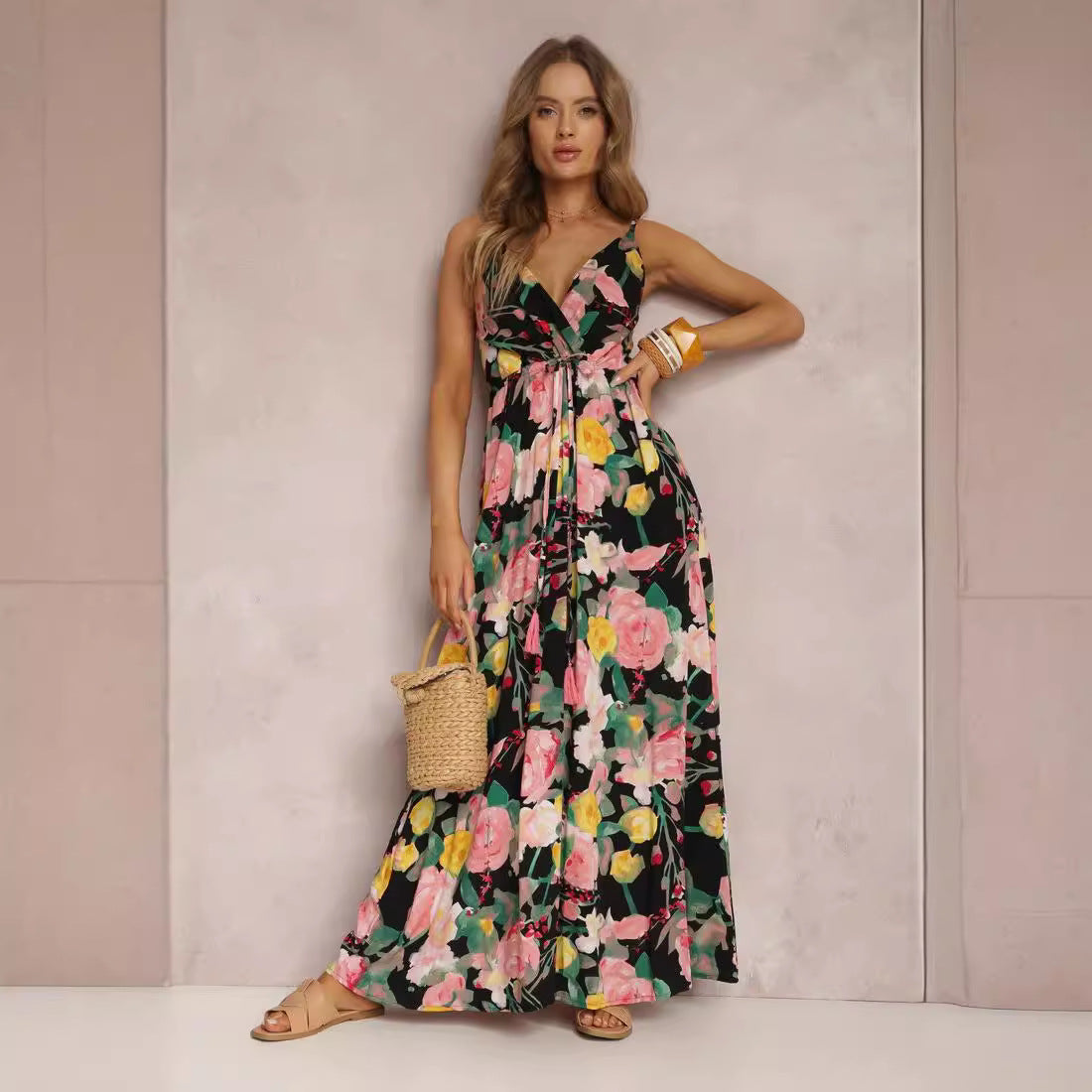 Kvinnors Lång Klänning Djup V-ringning Polyester Flödande Design-3