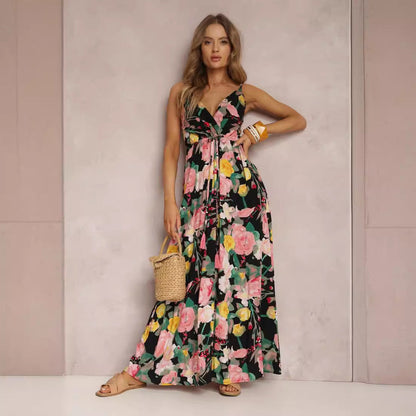 Kvinnors Lång Klänning Djup V-ringning Polyester Flödande Design-3