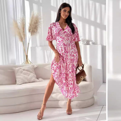 Damklänning A-linje V-hals Elastisk Midja Polyester-3