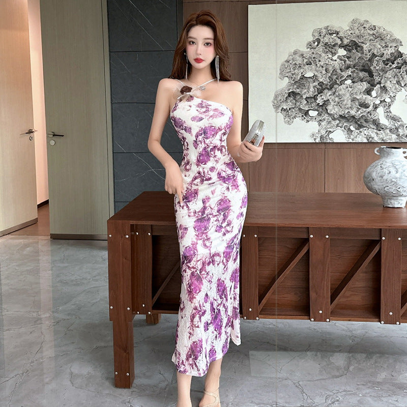 Kvinnors Bodycon Klänning En-axel Blommig Polyester Elastan-4