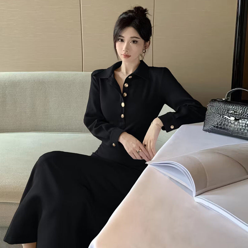 Dam Midiklänning Retro Stil Lång Ärmar Högkvalitativt Tyg-4