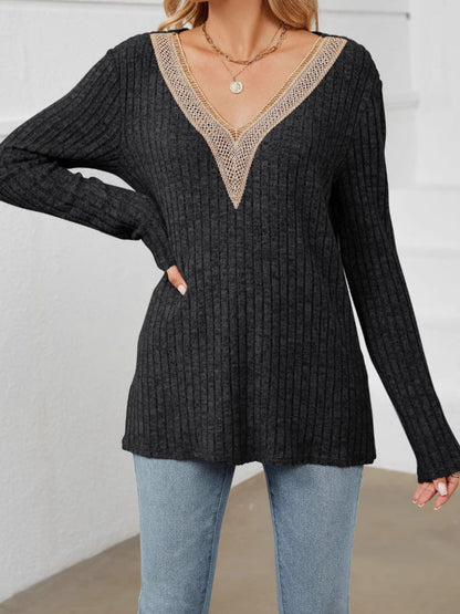 Långärmad T-shirt Dam Ribbad V-ringning Polyester-2