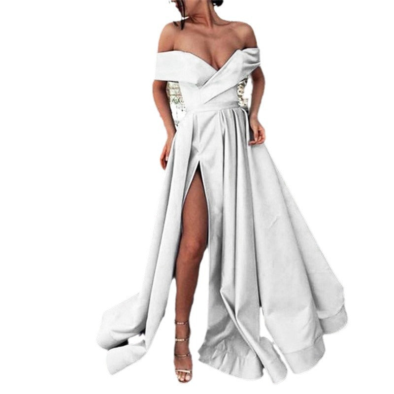 Kvinnors Off-Shoulder Klänning Djup V-ringning Satin Kort Kjol-5