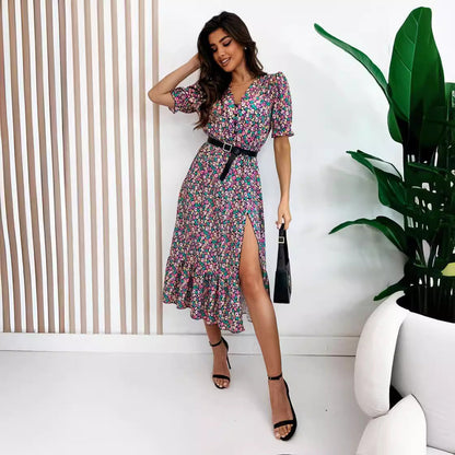 Kvinnors Midi-klänning V-ringad Polyester med Splitt och Bälte-3