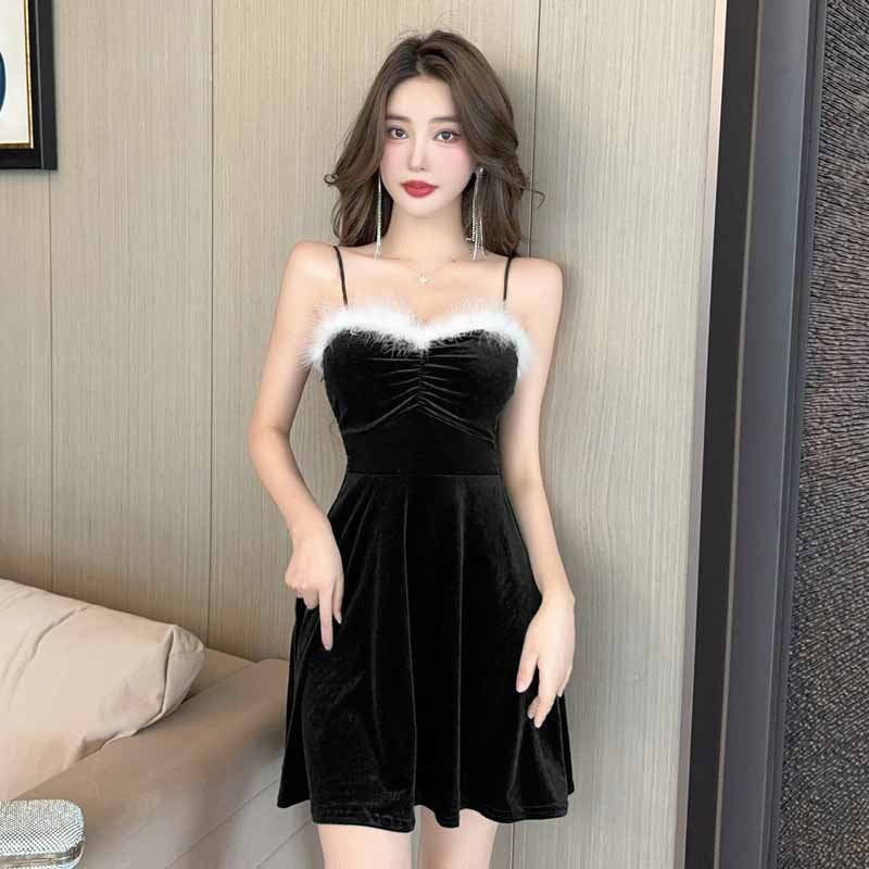 Fina Dam Klänningar Off Shoulder Sammet Kort Kjol Spaghetti Strap-2