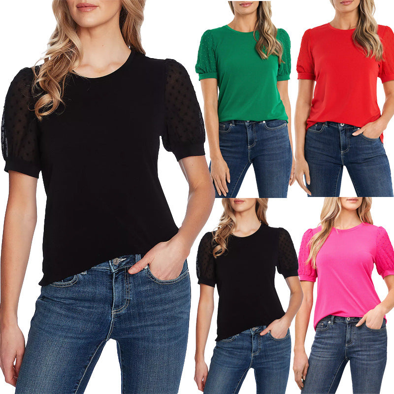 Dam T-Shirt Puffade Ärmar Polyester Rund Halsringning Kort Ärmar-2