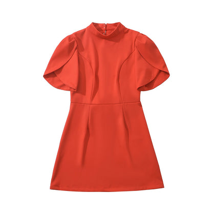 Dam Klänning Höghalsad Puffärmar Andningsbart Tyg 4