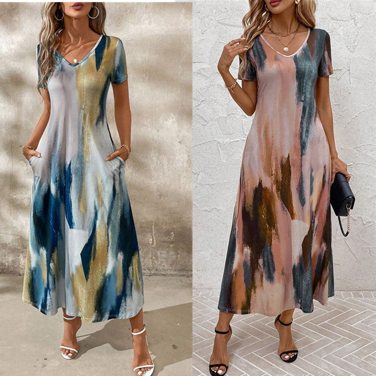 Kvinna A-Line Klänning Geometriskt Mönster Kortärmad Polyester-2