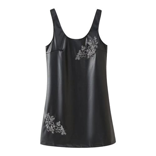 Kvinna Mini Klänning U-Hals Syntetisk Läder-1