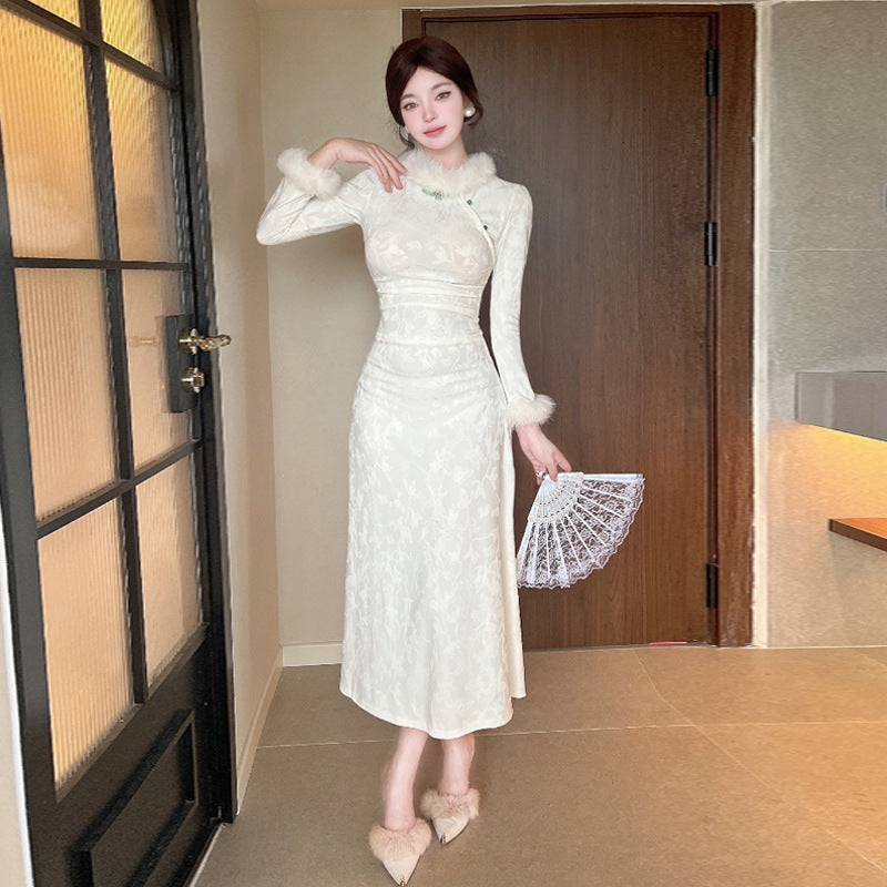 Kvinna Qipao Klänning Långärmad Slim Fit Polyester-3